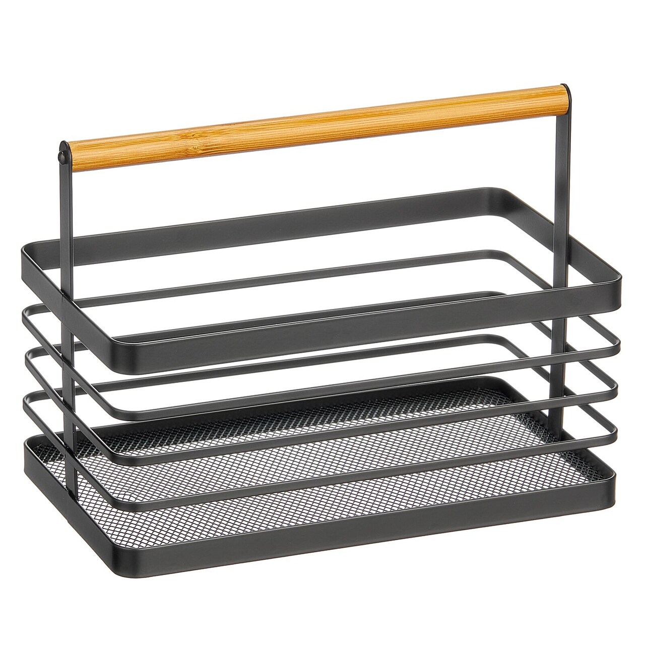 mDesign Metal Wire Storage Baskets with Wood Handle for Kitchen, Black/Natural